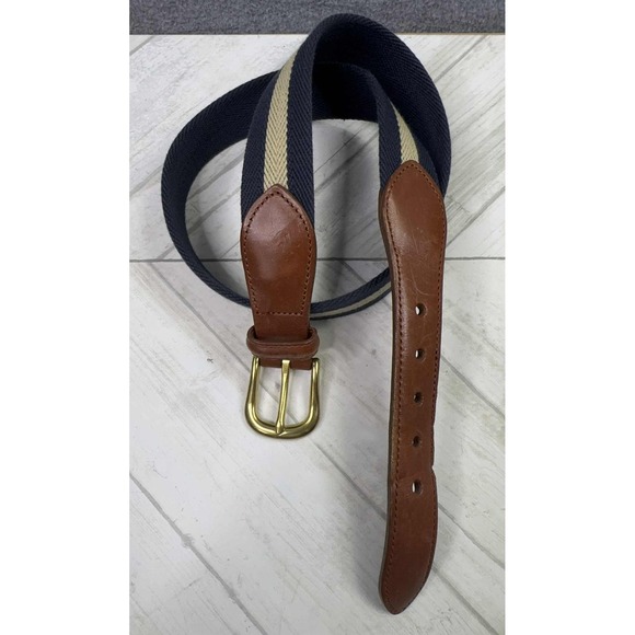 Coach Leather Twill Belt Mens Size 32" Navy Blue Beige Stripe Preppy Career 3880 - Picture 2 of 6